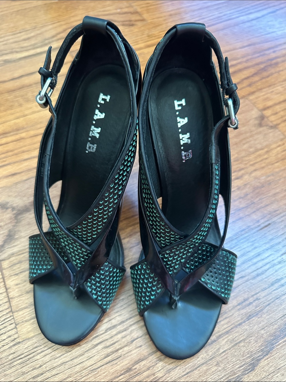 L.A.M.B. Black Sandals with Teal Stud Accents